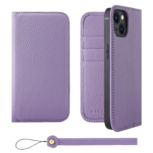 HANATORA for iPhone 14 ケース 手帳型 本革 スマホケース スマホ スタンド ストラップ 付き シュリンクカーフレザー ベルトなし マグネットなし パープル H0XA-14-Purple ギフト 誕生日 女性 男性 彼女 お母さん お父さん 人気商品 30代 40代 50代 60代 70代