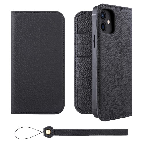 HANATORA for iPhone 12 ケース 手帳型 本革 スマホケース スマホ スタンド ストラップ 付き シュリンクカーフレザー ベルトなし マグネットなし ブラック H0XA-12-Black ギフト 誕生日 女性 男性 彼女 お母さん お父さん 人気商品 30代 40代 50代 60代 70代