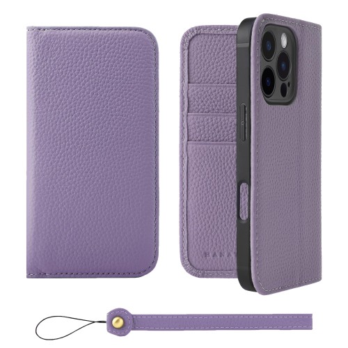 HANATORA for iPhone 16Pro ケース 手帳型 本革 スマホケース スマホ スタンド ストラップ 付き シュリンクカーフレザー ベルトなし マグネットなし パープル H0XA-16Pro-Purple ギフト 誕生日 女性 男性 彼女 お母さん お父さん 人気商品 30代 40代 50代 60代 70代