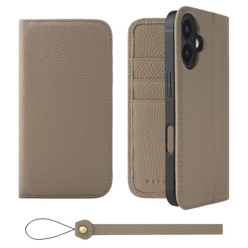 HANATORA for iPhone 16 ケース 手帳型 本革 スマホケース スマホ スタンド ストラップ 付き シュリンクカーフレザー ベルトなし マグネットなし グレージュ H0XA-16-Grege ギフト 誕生日 女性 男性 彼女 お母さん お父さん 人気商品 30代 40代 50代 60代 70代