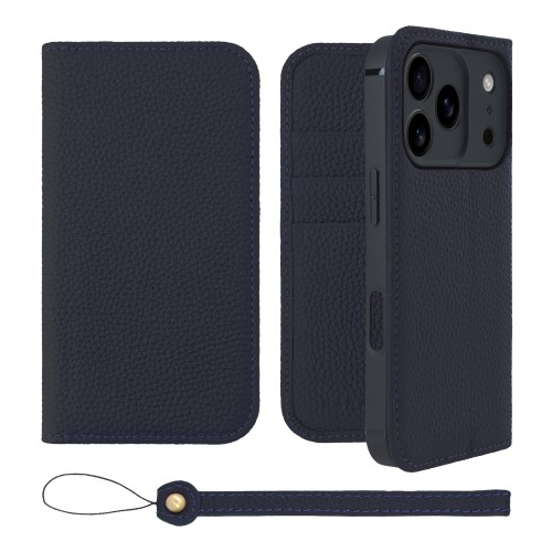 HANATORA for iPhone 17Pro ケース 手帳型 本革 スマホケース スマホ スタンド ストラップ 付き シュリンクカーフレザー ベルトなし マグネットなし ネイビー H0XA-17Pro-Navy ギフト 誕生日 女性 男性 彼女 お母さん お父さん 人気商品 30代 40代 50代 60代 70代