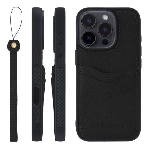 HANATORA for iPhone 16Pro ケース 本革 耐衝撃 バンパー型 スマホケース スマホ ストラップ 付き シュリンクレザー ギフト ブラック CPGGZ-16Pro-Black