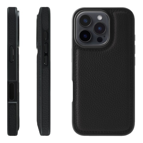 HANATORA for iPhone 16Pro ケース 本革 耐衝撃 バンパー型 スマホケース スマホ 側面本革 シュリンクレザー ギフト ブラック WPG-16Pro-Black