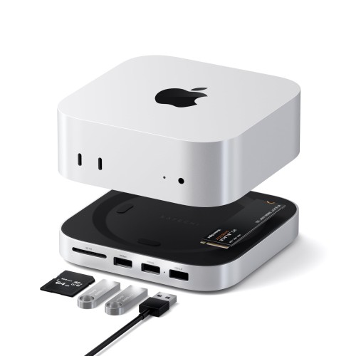 SATECHI Mac Mini M4 こしき  照明ランプ NVMe SSD エンクロージャー積み上げる｜M4 Mac Mini 縛ステイション 最大限度10Gbps 高速道路資料移らす USB-A x2・USB-A資料界面・SD歌留多主導者相応う（M4 相応う）- しろがね色