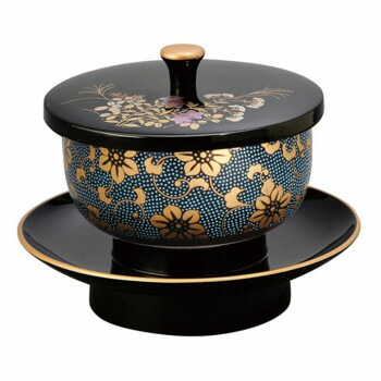 鉄仙穴あき茶托セット 九谷焼茶碗付 黒(フチ金)/青粒鉄仙 532342027w091