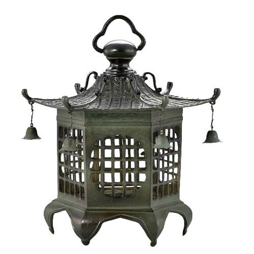 陵丘銅器 銅製庭飾り付け クサリ付 六角透かし彫り灯篭 59-14 鏡-壁掛け-インテリア・寝具・収納