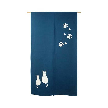綿のれん 2匹猫(墨付き)  青 約巾85×丈150糎