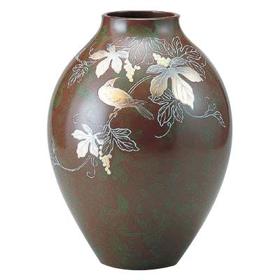 陵丘銅器 銅製花立て 山本秀峰作 新坪形 花鳥 10号 94-01