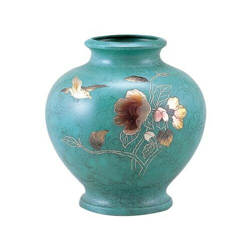 高岡銅器 銅製花瓶　山本秀峰作　壷　山茶花に鳥　94-08