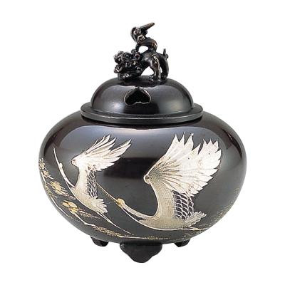 丘岡銅器 銅製香炉 正晴作 平丸百獣の王蓋香炉 双鶴 132-01
