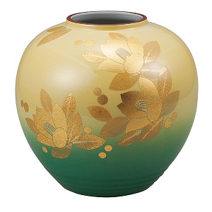 K5-1333 九谷焼 8号花立て 釉裏金箔彩山茶花