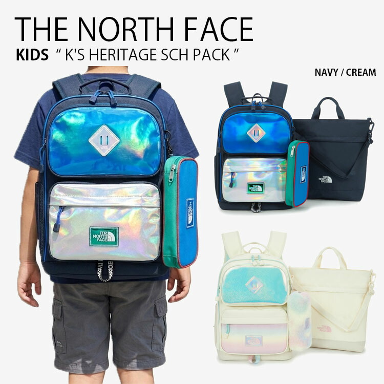 THE NORTH FACE ノースフェイス キッズ リュック K'S HERITAGE SCH PACK ヘリテージ スクール パック リュックサック デイパック バックパック バッグ A4収納 ロゴ カジュアル ストリート ネイビー アイボリー 男の子 女の子 子供用 NM2DS03R/S【中古】未使用品