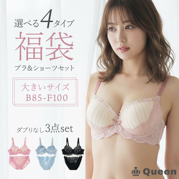ブラショーツセット ブラジャー 下着 福袋 大きいサイズ レディース 3点セット かわいい セクシー シンプル B85 B90 B95 C85 C90 C95 D85 D90 D95 D100 E80 E85 E90 E95 E100 F80 F85 F90 F95 F100 Queen