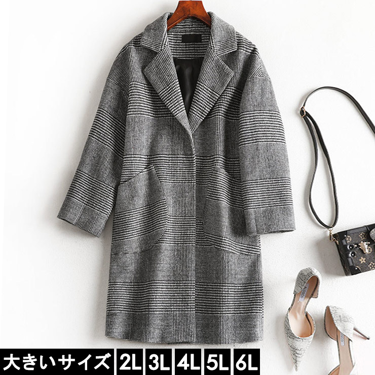 楽天市場 大きいサイズ レディース チェスターコート グレンチェック柄 シングルコート ミドル丈 Ll 3l 4l 5l 6l グレー 代 30代 40代 13号 15号 17号 19号 21号 19年 冬 新入荷 ネコポス不可 大きいサイズの服レディース Queen