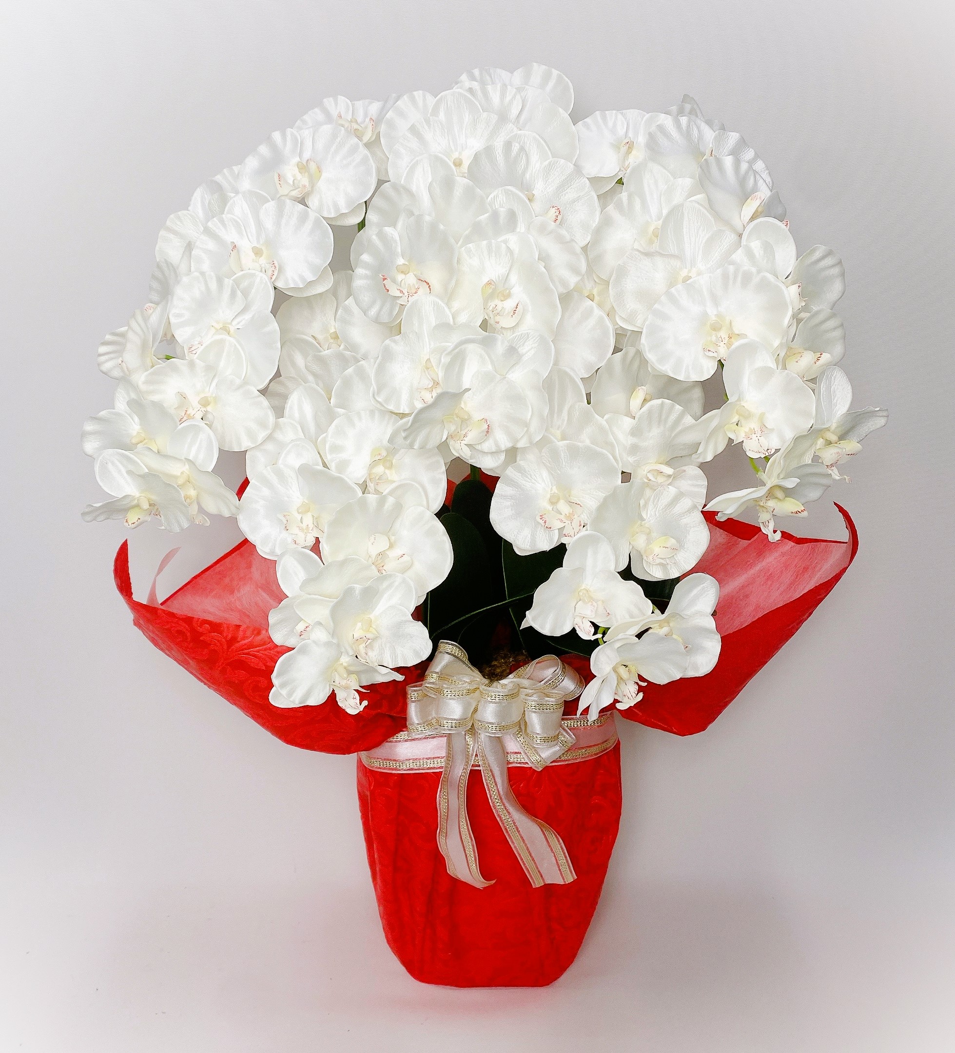 アーティフィシャルフラワー「造花」【胡蝶蘭鉢植え・５本立（Ｗ/Ｙ）プラ鉢に色紙ラッピング】光触媒コーティング