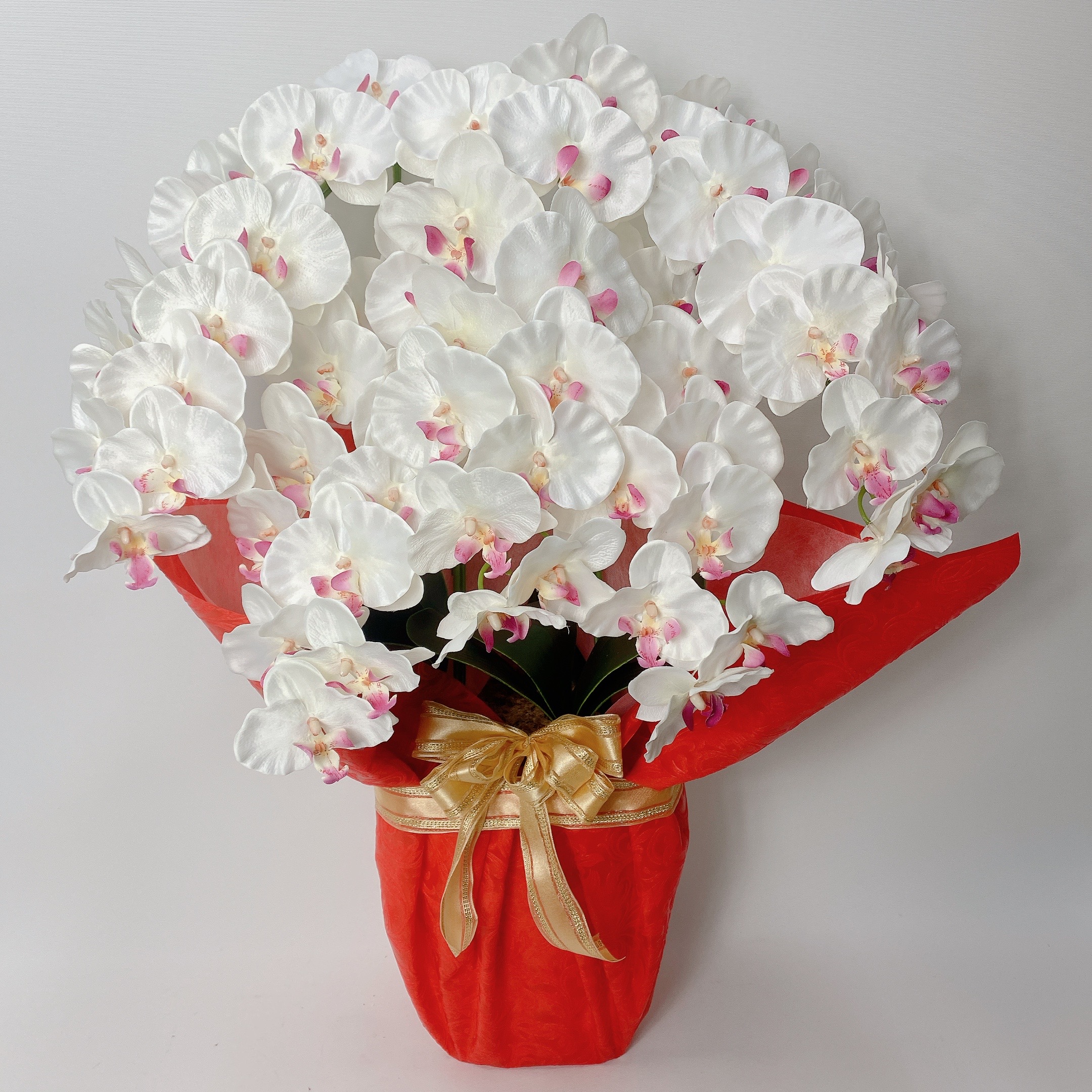 アーティフィシャルフラワー「造花」【胡蝶蘭鉢植え・５本立（Ｗ/Ｒ）※プラ鉢にラッピング紙】光触媒コーティング