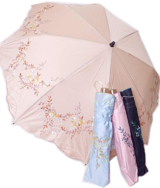 晴雨兼用傘 綿サテン 刺繍 折りたたみ傘レディース・ウィメンズ50cmベージュ6089274-BE