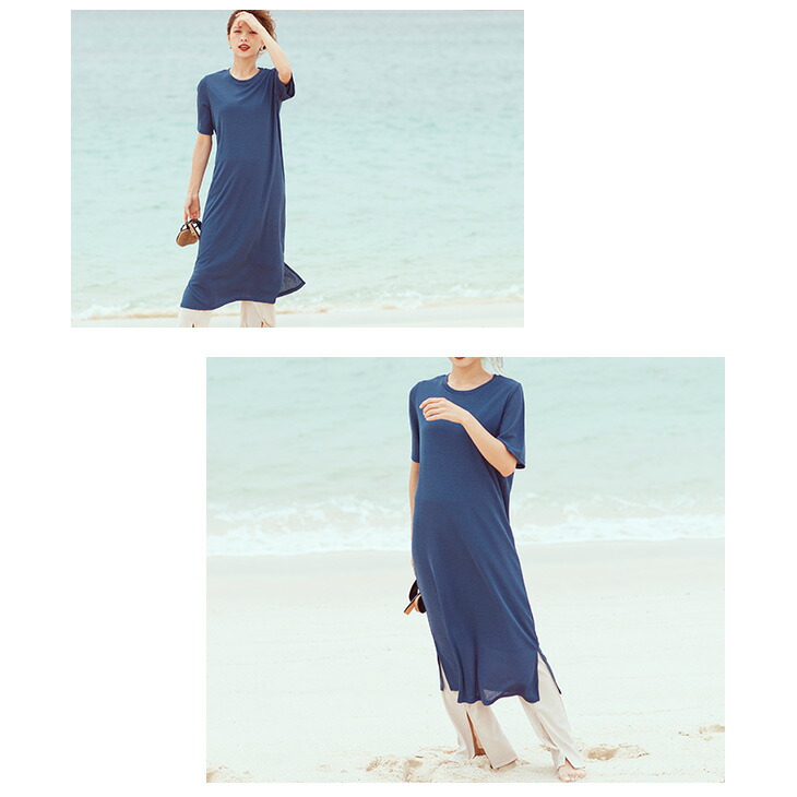 入荷済み サマーニット 冷感素材 5分袖 レディース ワンピース ひんやり 涼しい サイドスリット 半袖 薄手