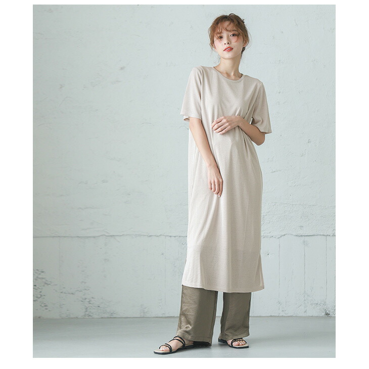 入荷済み サマーニット 涼しい 半袖 ひんやり ワンピース 5分袖 サイドスリット レディース 薄手 冷感素材