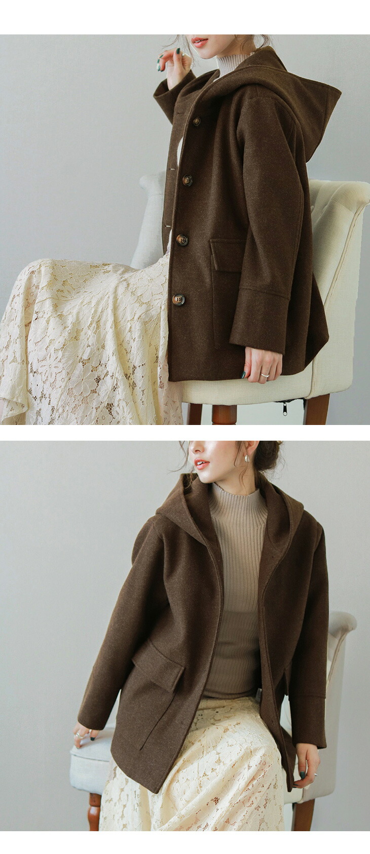 半額クーポン対象】入荷済み コート フード ウール混 フーディ ハーフ