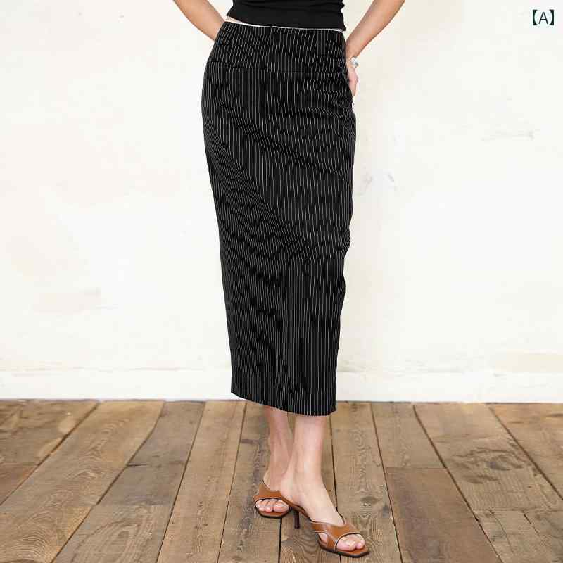 レディース スカート ロング ミモレ丈 ストレート スリミング 黒 白縦ライン 細いストライプ バックスリット 前ポケット レトロ クラシック スタイリッシュ モダン シック ミニマル エレガント
