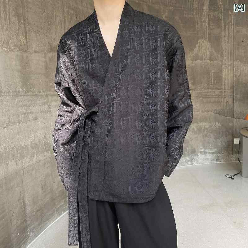 カジュアルシャツ トップス メンズ ダーク ファッション 春 三次元 ジャカード 中国 禅 レースアップ シャツ モダン レトロスタイル