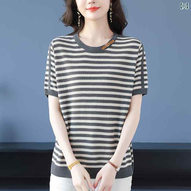 レディース 婦人服 シャツ トップス ミドルエイジ シニア カジュアル エレガント リラックス ゆったり 大きめサイズ 上品 夏 半袖 ボーダー 柄物