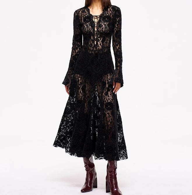 レディース お召しもの ロング ミモレ丈 長袖 黒 オールスピード競技 透け感 カクテルドレスルー 色っぽい 女子らしい Vのど首 フラウンス 太陽フレア 酉の方角シェイプ ゴシック スリミング 窈窕たる 上半身相応う 流行り物 その他-レディースファッション
