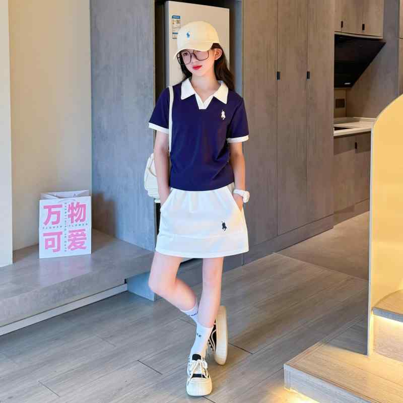 ポロシャツ ミニスカート セットアップ 中学生 夏 女の子 スーツ スタイリッシュ Vネック 半袖シャツ ツーピース 小学生 ガーリー キュート おしゃれ カジュアル 通学 デイリー