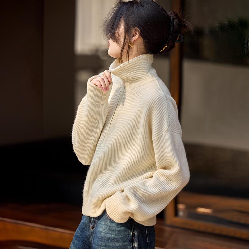 セーター レディース カシミヤ ハイネック ハーフジップ 厚手 ドロップショルダー ゆったり オーバーサイズ プルオーバー ニット オフホワイト ブラウン 秋冬 上品 オフィス 通勤 24,456円