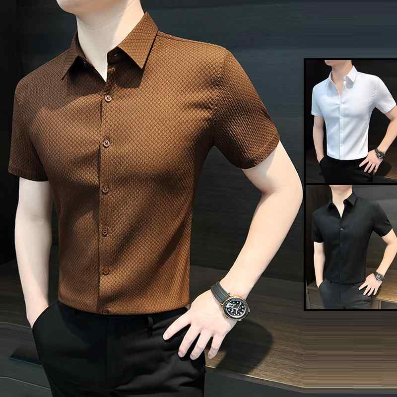 シャツ ワッフル 無地 トップス 半袖 シングルブレスト レギュラーカラー カジュアル 薄手 冷感 夏 メンズ 男性 スリムフィット 軽量 柔らかい 通勤 オフィス ビジネス 日常使い フォーマル