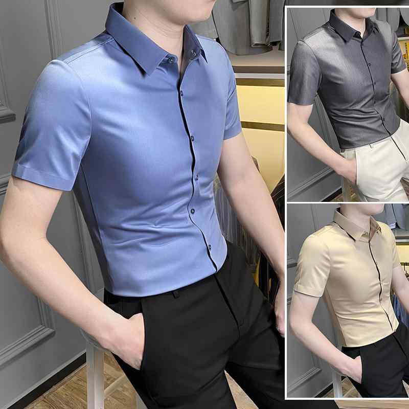 シャツ シームレス 無地 トップス 半袖 シングルブレスト レギュラーカラー カジュアル 冷感 薄手 夏 メンズ 男性 スリムフィット 軽量 柔らかい 通勤 オフィス ビジネス 日常使い フォーマル