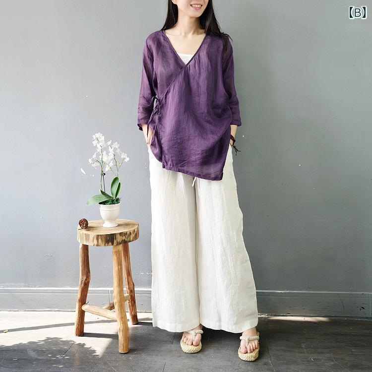 禅服 カジュアル レディース セットアップ Vネック エスニック ファッション シンプル おしゃれ ミニマル ワンマイルウェア 七分袖 無地 薄手 トップス 重ね着 ｜ラ・グラーヌ