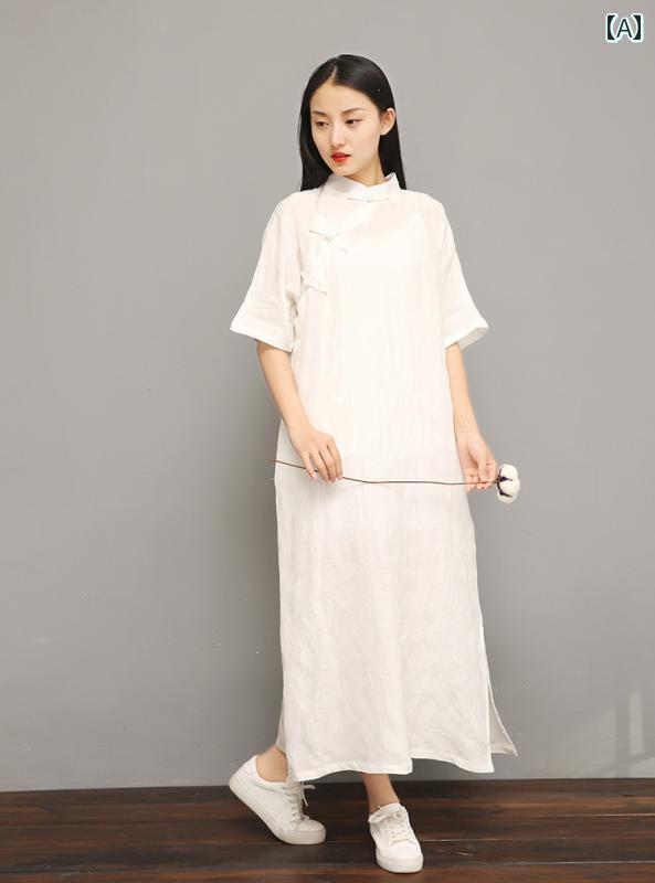禅服 リネン 夏 半袖 レディース ワンピース プルオーバー シック ポケット カジュアル チャイナドレス風 スタイリッシュ シンプル ファッション ワンマイルウェア ｜ラ・グラーヌ 8,595円