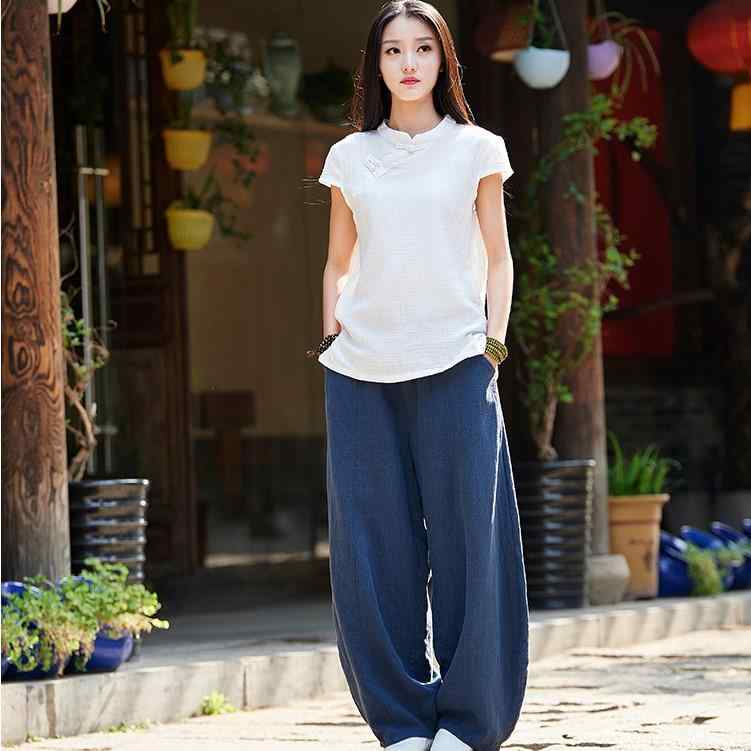 禅服 麻 パンツ 半袖 トップス レディース セットアップ カジュアル 春夏 シンプル 日常使い ファッション レトロ ２点 ゆったり 長ズボン ポケット｜ラ・グラーヌ