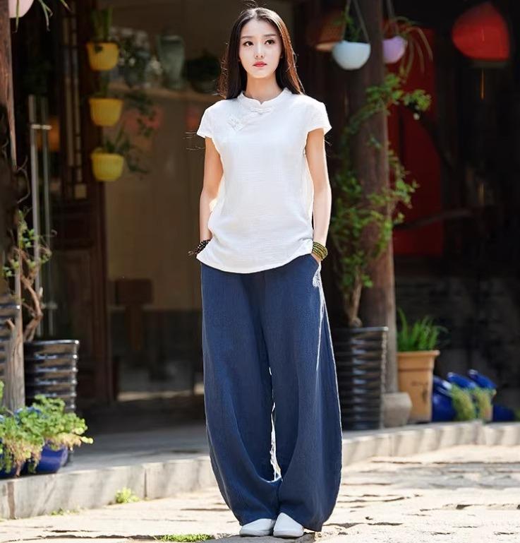 禅服 ゆったり 春夏 レトロ 無地 半袖 トップス エスニックデザイン ファッション パンツ ワイド シンプル 薄手 アウトドア カジュアル セットアップ