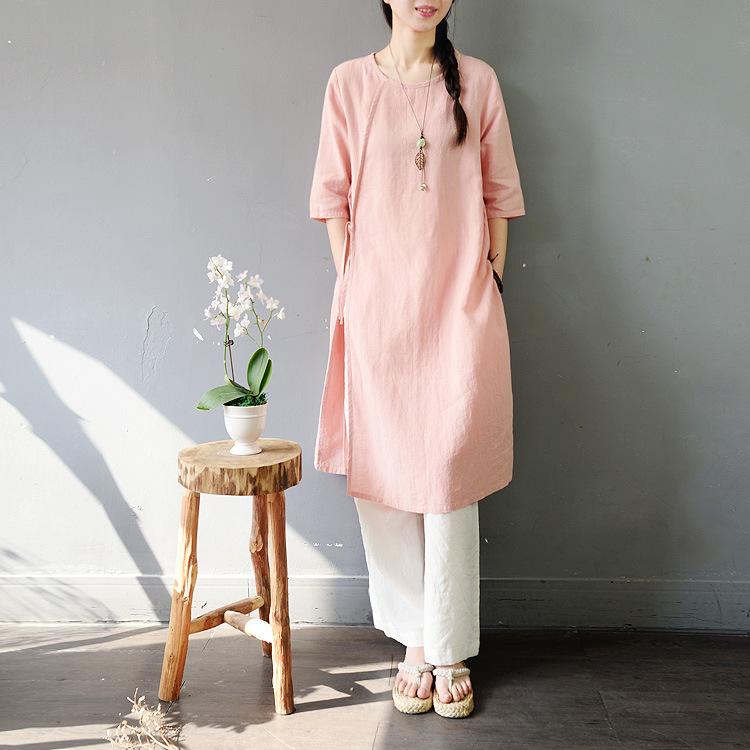 禅服 レトロ エスニック 流行り物 レディース ロング丈 トップス 分かりやすい 無地 五分袖 春夏 ラウンド素っ首 無償性大きさ ズボン下 心地好い 今めかしい