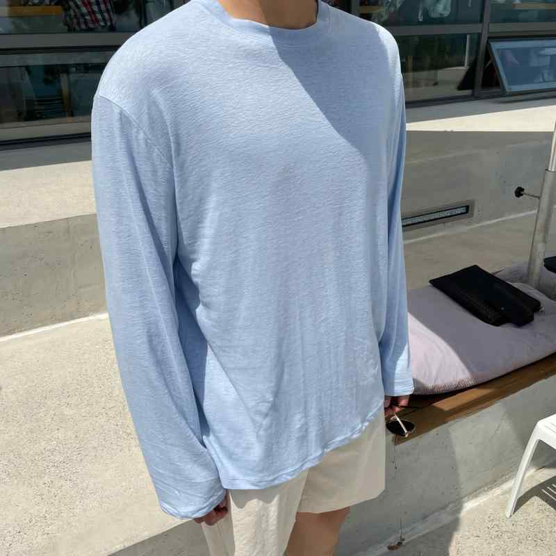 Tシャツ ブルー ラウンドネック 長袖Tシャツ メンズ サマーファッション カジュアル トップス 軽量 通気性 日焼け防止 シンプル レジャー リゾート 休日 バカンス デイリーユース