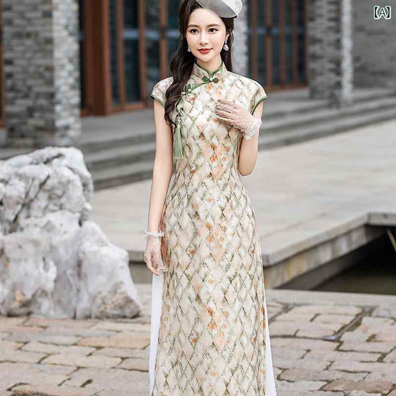 チャイナ ドレス ハイエンド レトロ 女性 古風 魅惑的 優雅 伝統 夏 上品 清楚 花柄 アプリコット ロング丈 きれいめ