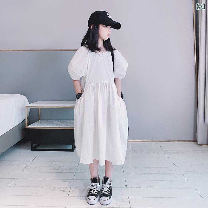 ワンピース キッズ パフスリーブ 夏 韓国 ホワイト ゆったり リラックス カジュアル 涼しい 上品 涼感 かわいい 快適