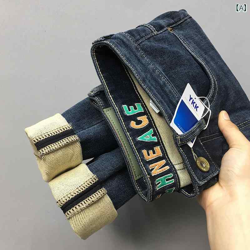 ジーンズ ジーパン 高級感 刺繍入り メンズ 万能 カジュアル スリム デニム ブルー パンツ ストレートレッグ ウォッシュ加工