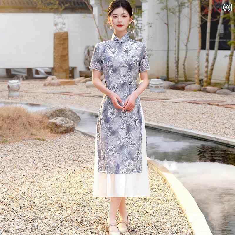 中華風 チャイナ ドレス 若見え レディース ファッション 清涼 夏 快適 シンプル クラシック 花柄 おしゃれ