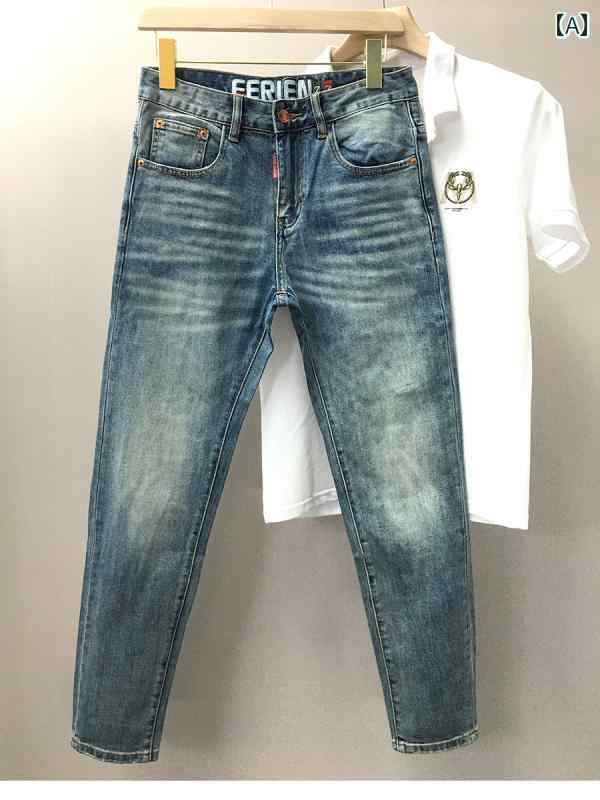 デニムパンツ メンズ 男性用 ライトブルー アメリカン ジーンズ 春夏 軽量 カジュアル 万能 スリム ストレート パンツ 刺繍入り ミッドウエスト パンツ