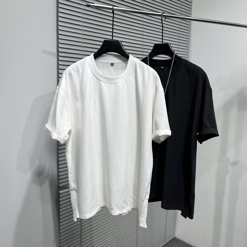 Tシャツ メンズ ファッション 夏コーデ トップス 半袖 スリット ドレープ 薄手 無地 通気性 ゆったり 快適 ダーク シンプル レトロ リラックス デイリー モダン ナチュラル クール