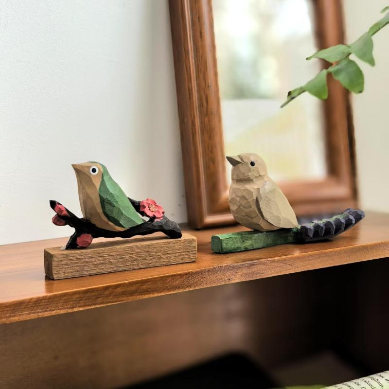 木彫り 置物 小物 カササギ 鳥 アニマル 木製 オーナメント スカルプチャー かわいい レトロ クラシック 卓上 装飾 コレクション ウッドクラフト ギフト インテリア