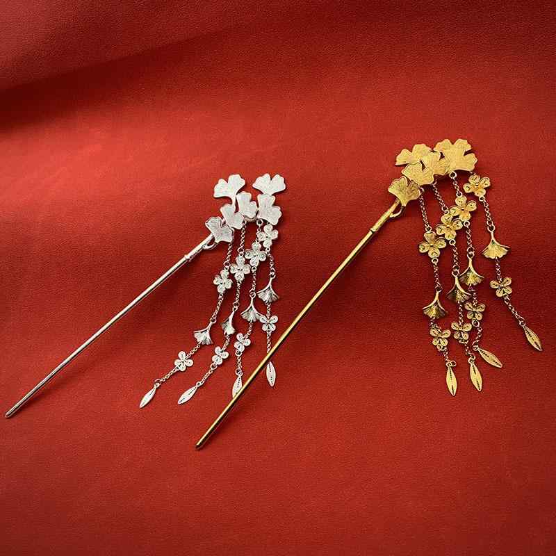 ヘアアクセサリー 女性用 足銀 金メッキ イチョウの葉 歩揺 簪 タッセル 花絲透かし細工 ハンドメイド 古風 レトロ 民族調 漢服 結婚式 和装 髪飾り