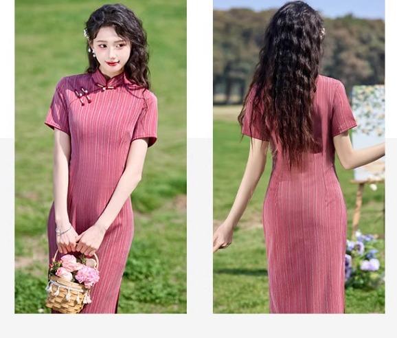 女性 春夏 チャイナドレス シフォン 民族風 伝統 斜めラペル 半袖 レトロ ストライプ 美脚 パーティー レディース エレガント スタイル