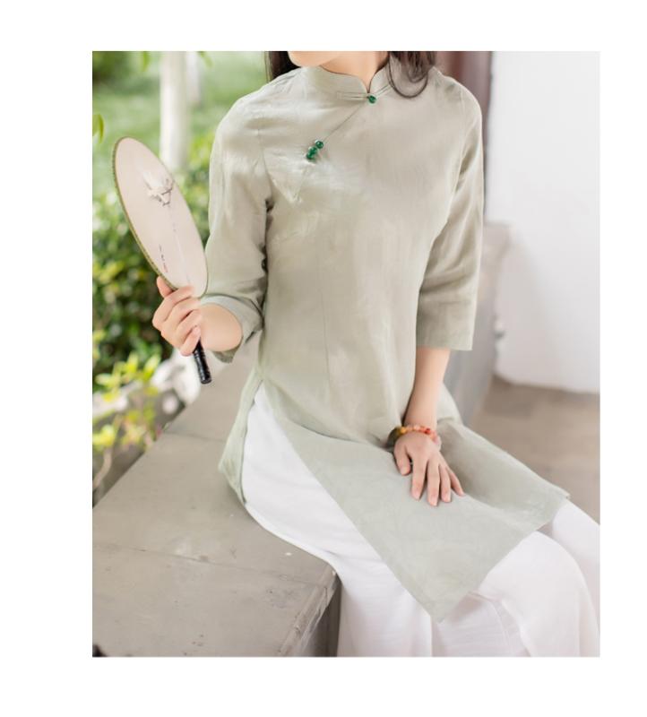 中国 伝統的 綿 麻 婦人 茶師服 スリム フィット 七分袖 長い チャイナ ドレス トップス アート エレガント 女性
