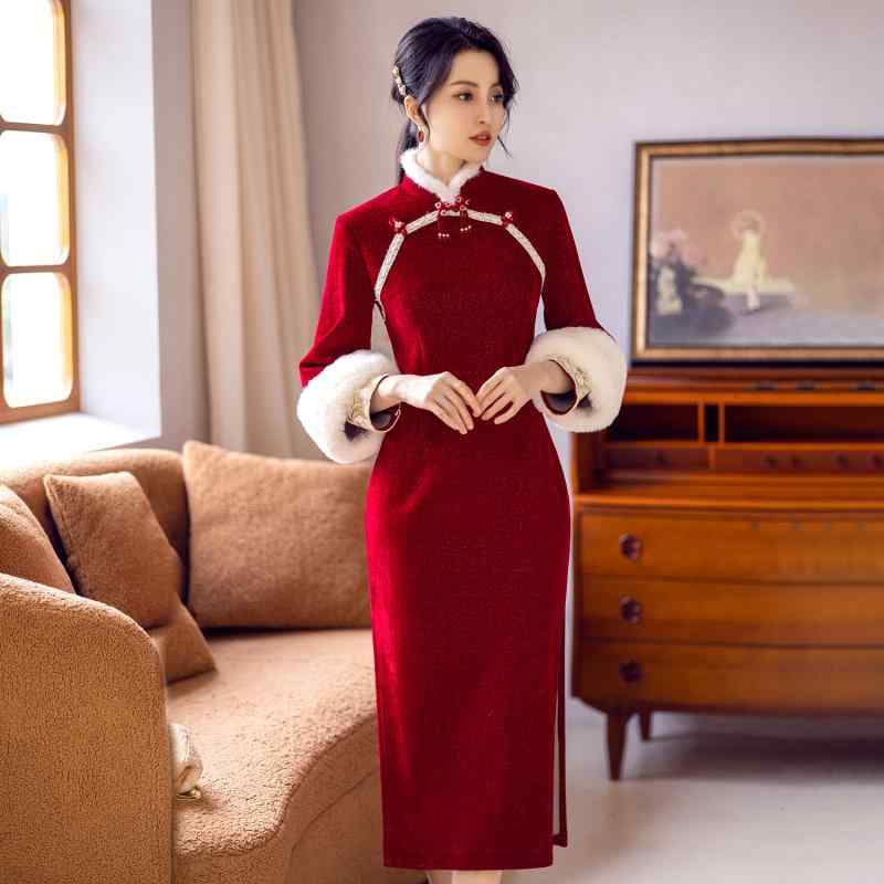 チャイナドレス 女性 長袖 チャイナ風 オープンラペル ドレス風 パイピングカット 婚礼 モダン セレモニー レディース 冠婚葬祭 おしゃれ 7,981円