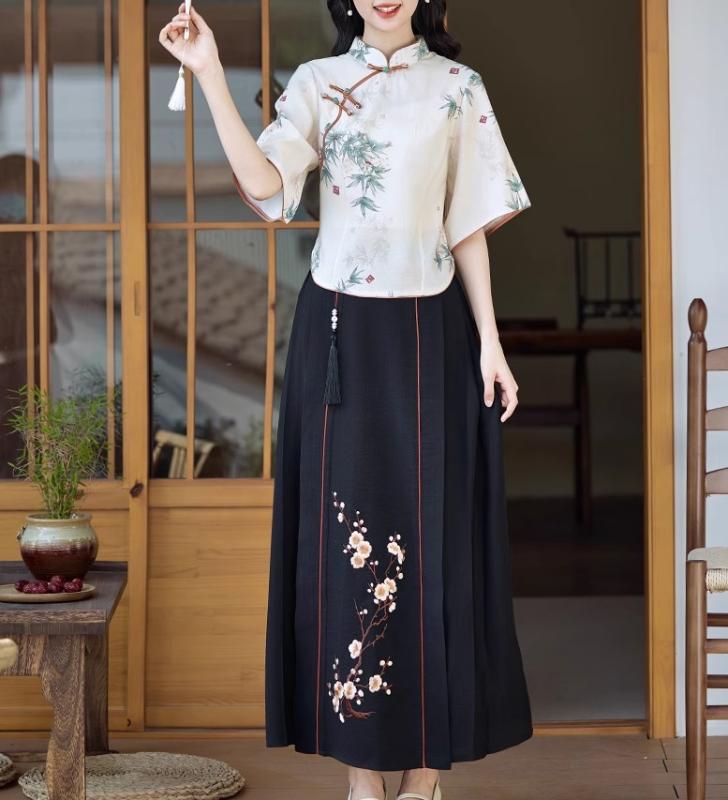 レディース 中華風 背広 瀬戸もの御召しもの トップス ロング スコート 漢服 唐装 曲がったラペル 竹 葉 笹 花柄 フローラル 黒 編み目伝達ルート 背広 背広 若押し出し インキ 唐装 とっ始め レトロ 日常 着 表現スタイル